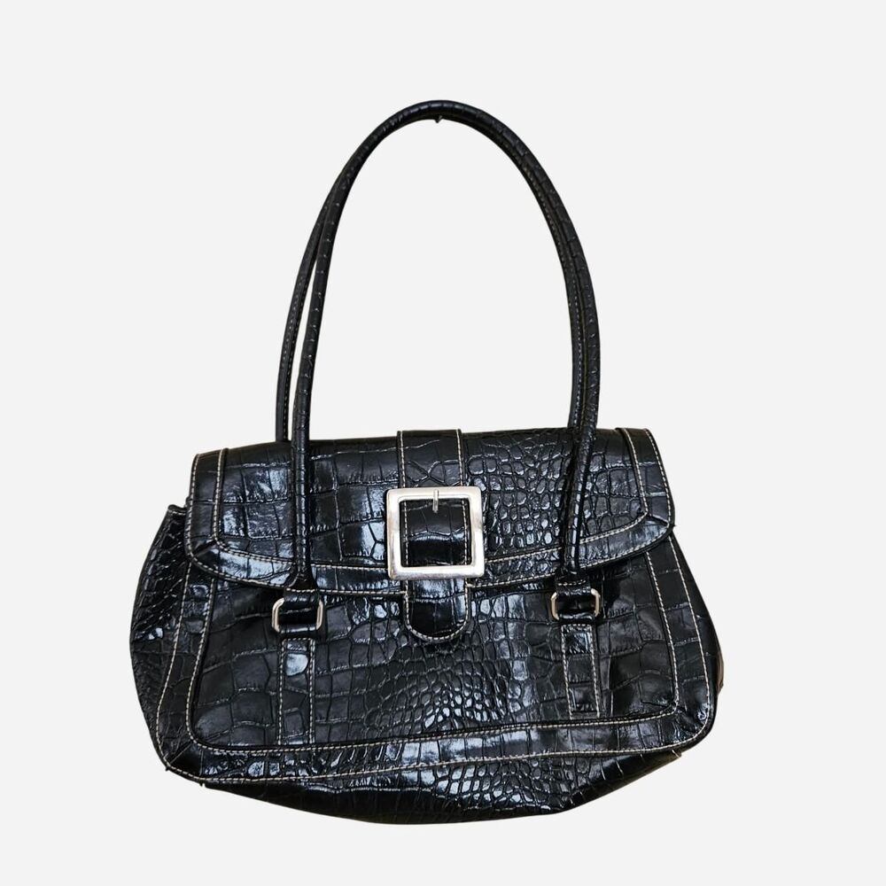 y2k grunge goth black faux leather shoulder bag